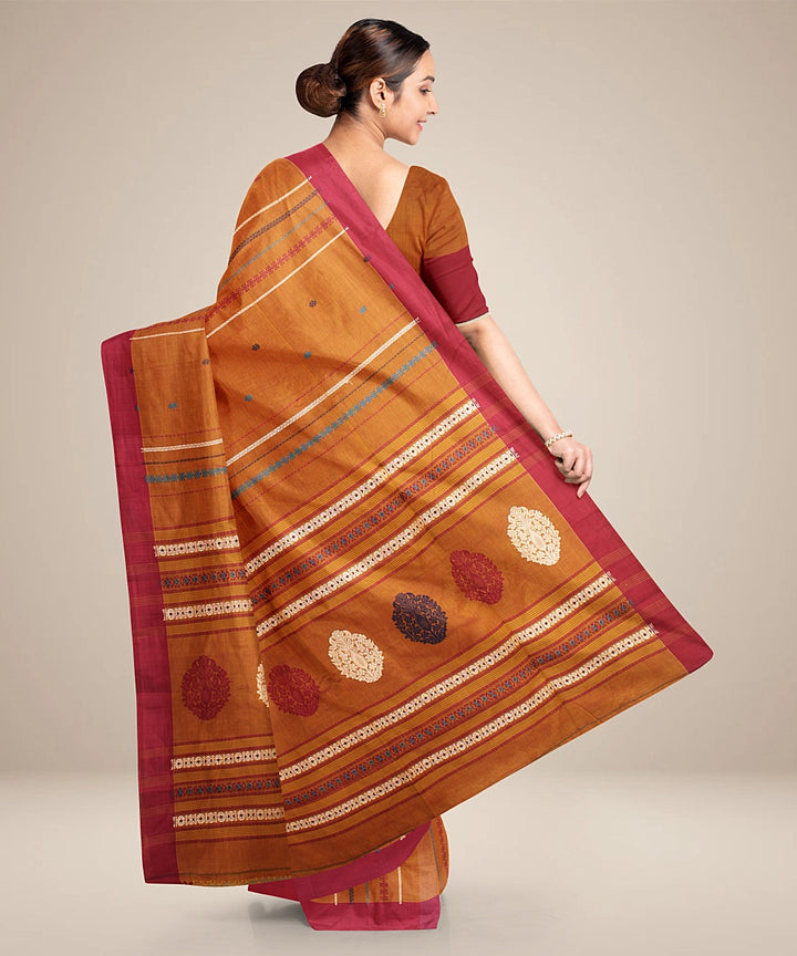 Dark orange maroon bengal cotton handloom saree