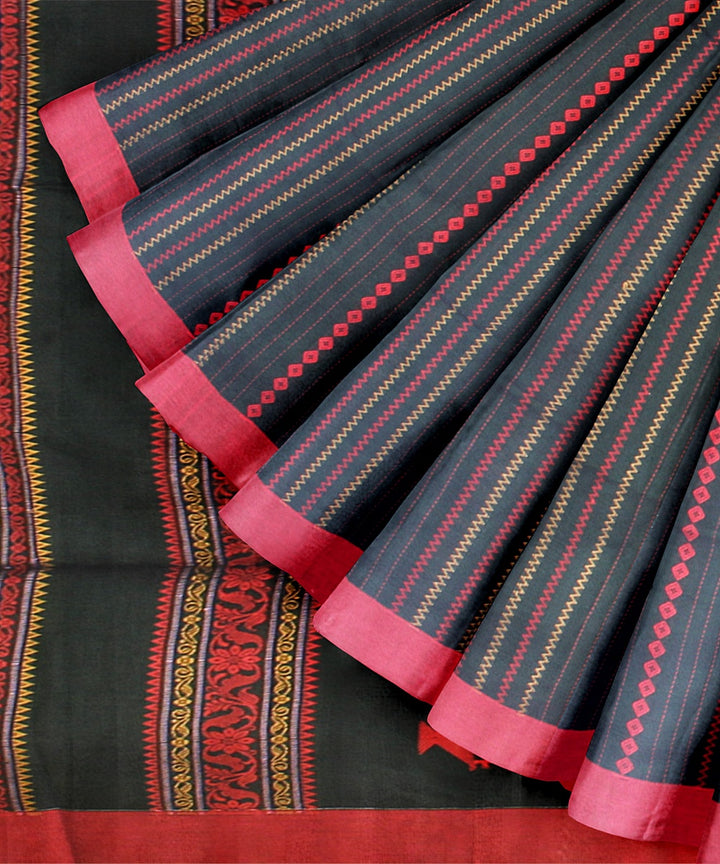 Forest green red striped bengal cotton handloom saree