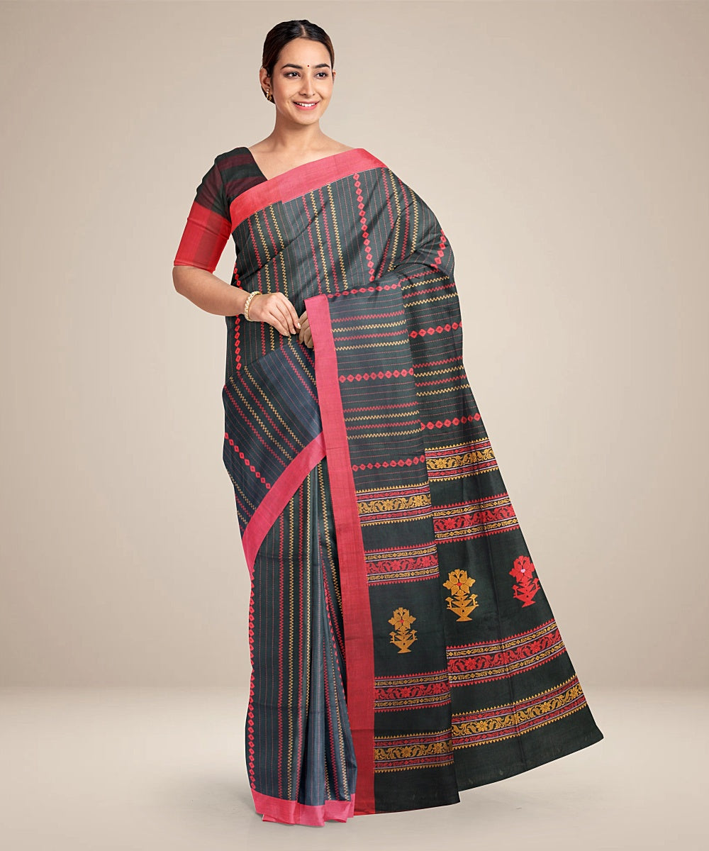 Forest green red striped bengal cotton handloom saree