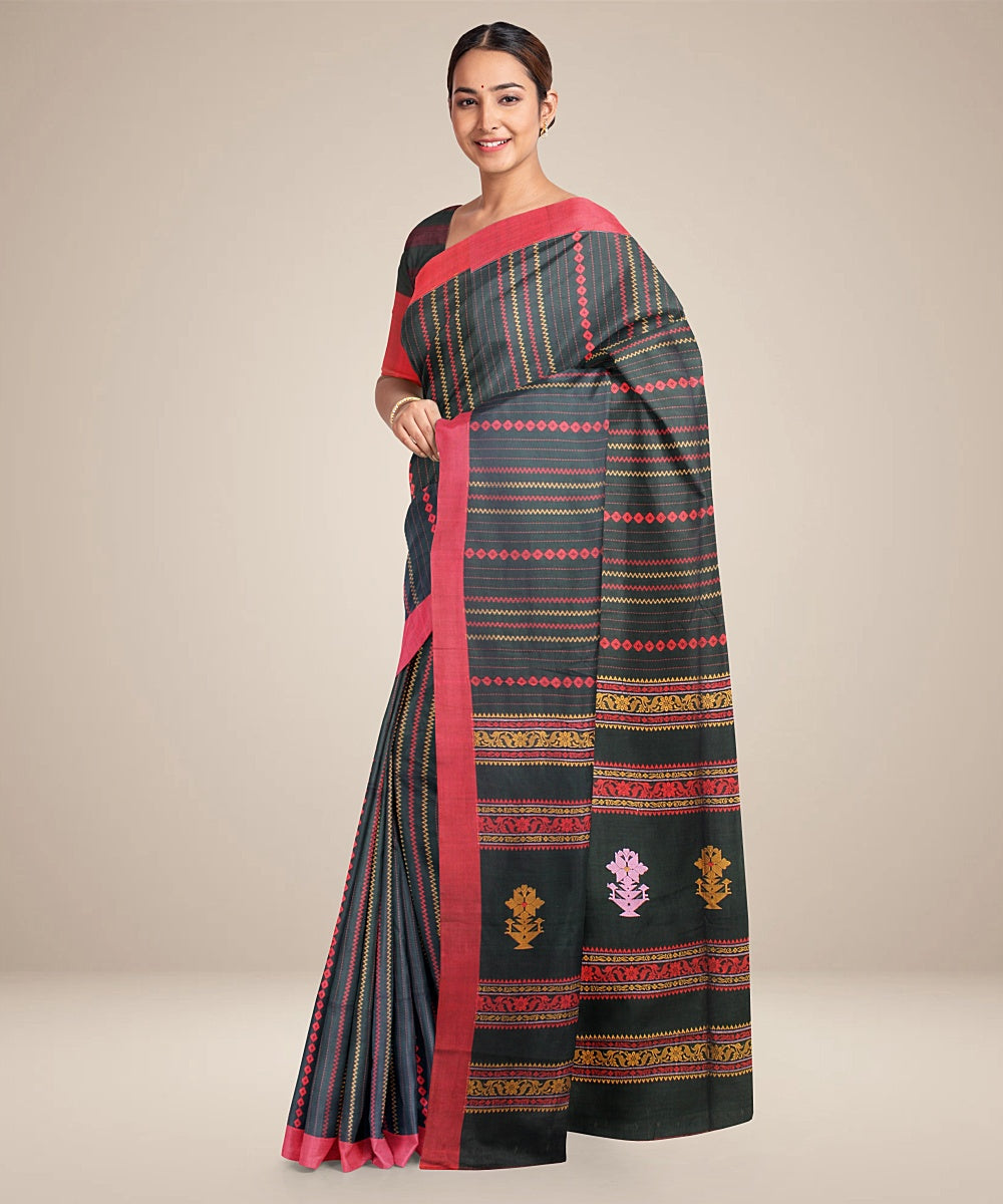 Forest green red striped bengal cotton handloom saree