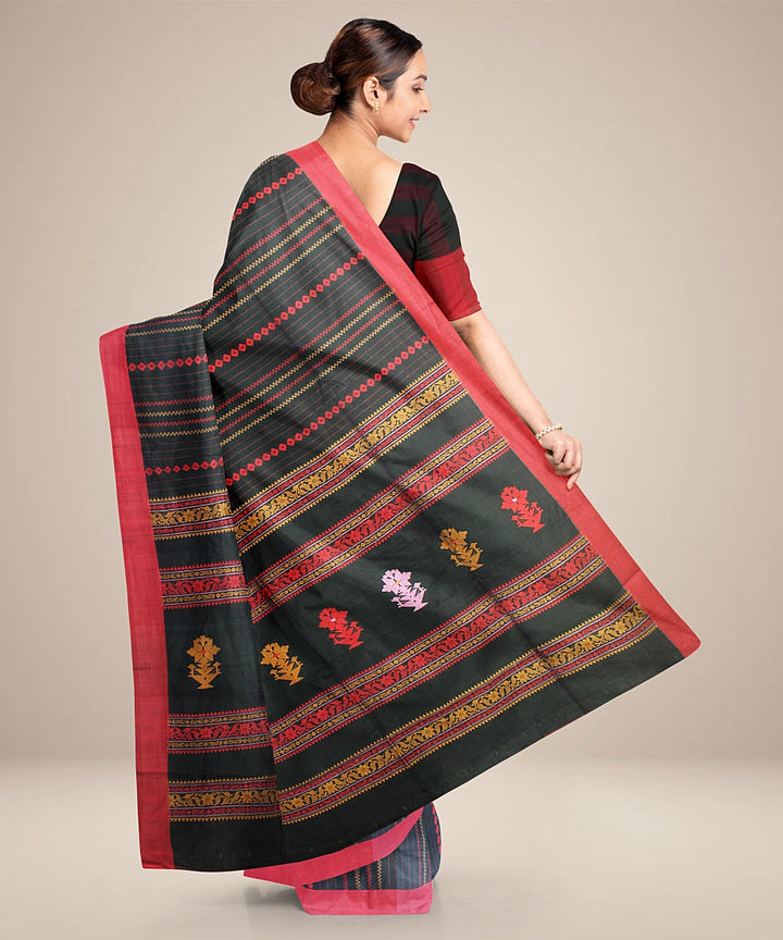 Forest green red striped bengal cotton handloom saree