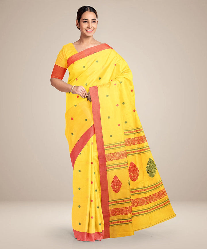 Yellow red bengal cotton handloom saree