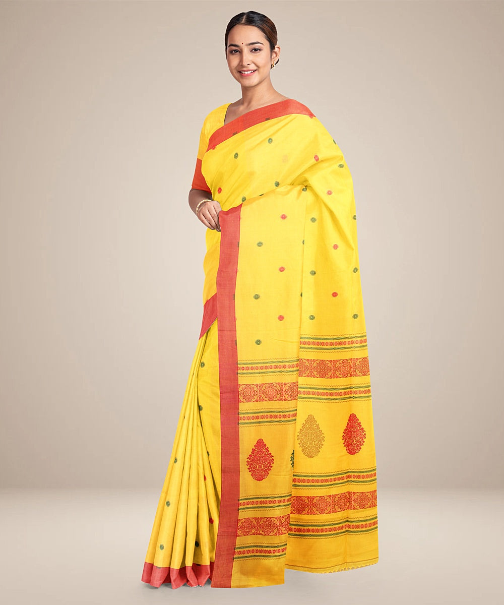 Yellow red bengal cotton handloom saree