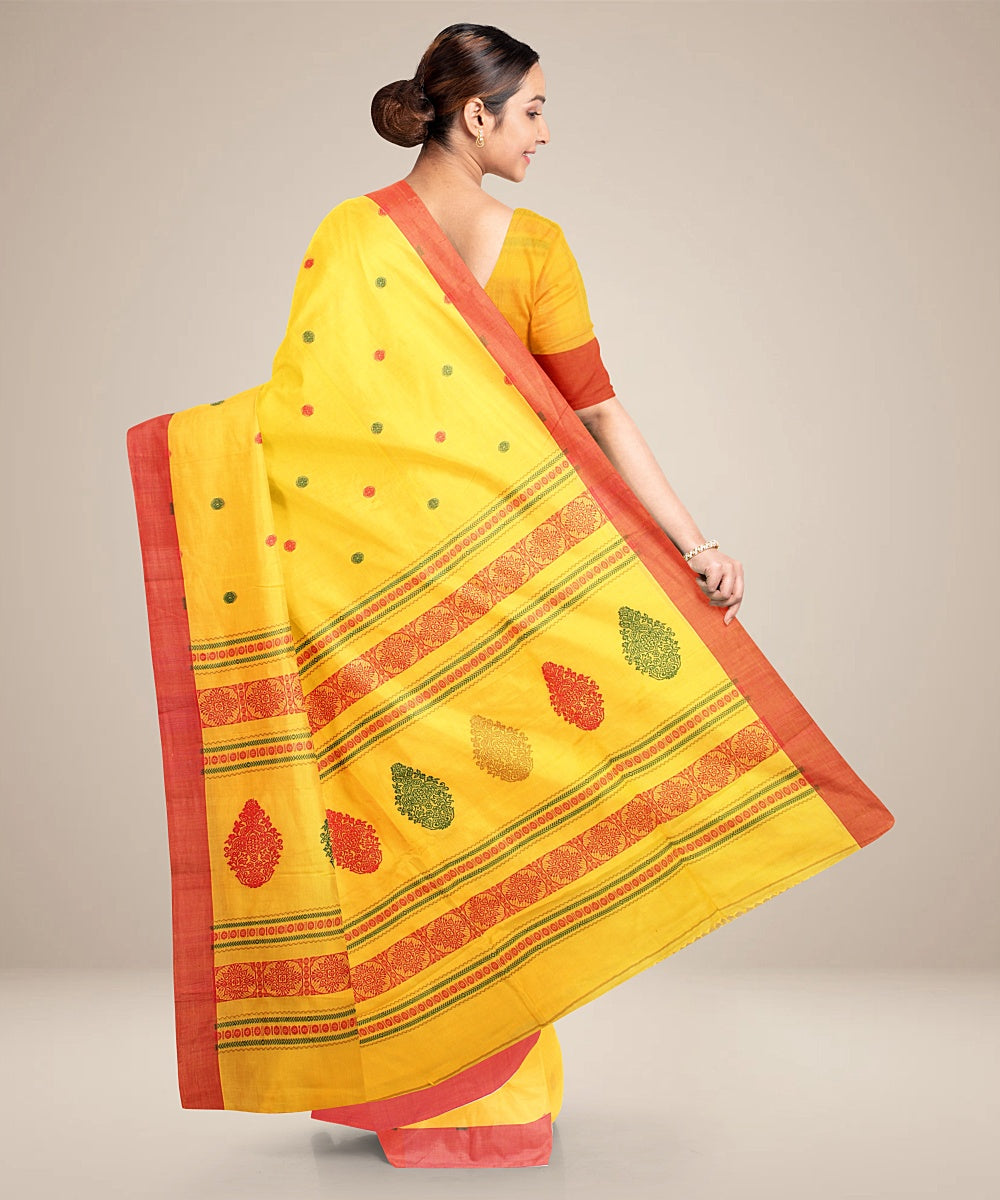 Yellow red bengal cotton handloom saree