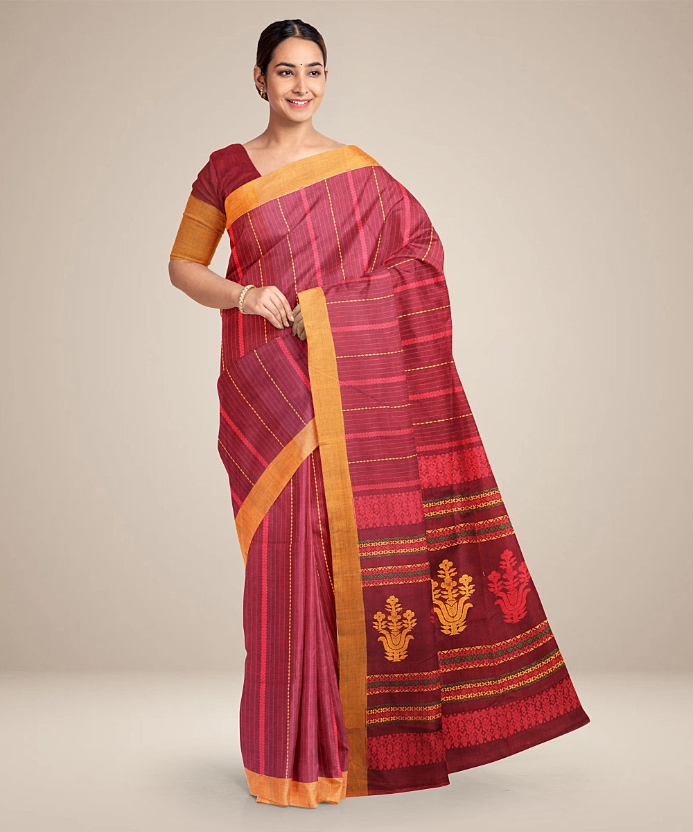 Maroon orange bengal cotton handloom saree