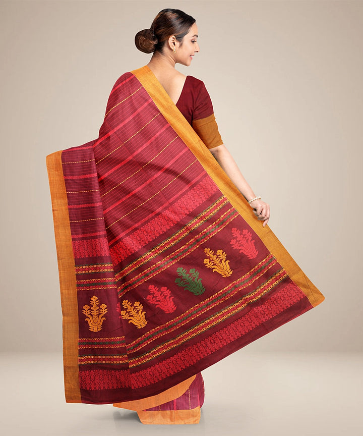 Maroon orange bengal cotton handloom saree