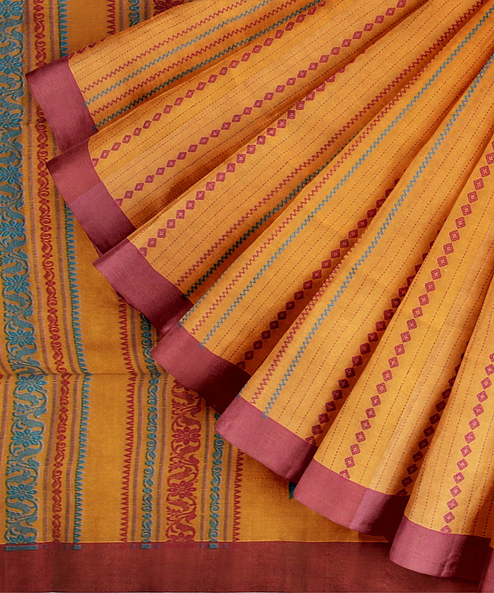 Mustard yellow maroon bengal cotton handloom saree