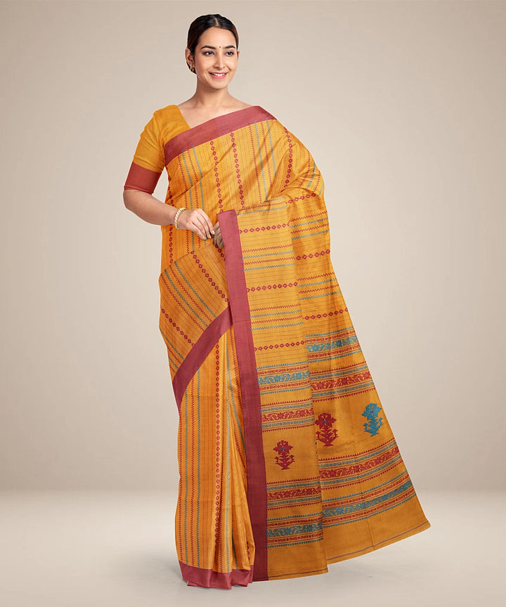 Mustard yellow maroon bengal cotton handloom saree