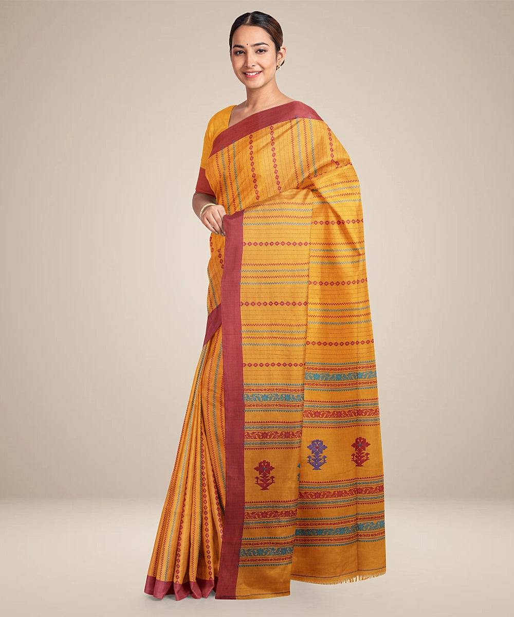 Mustard yellow maroon bengal cotton handloom saree