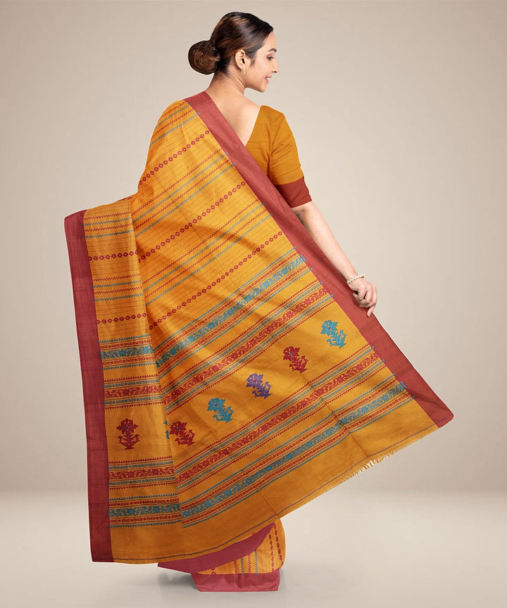 Mustard yellow maroon bengal cotton handloom saree