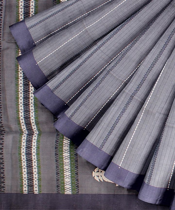 Grey blue striped bengal cotton handloom saree