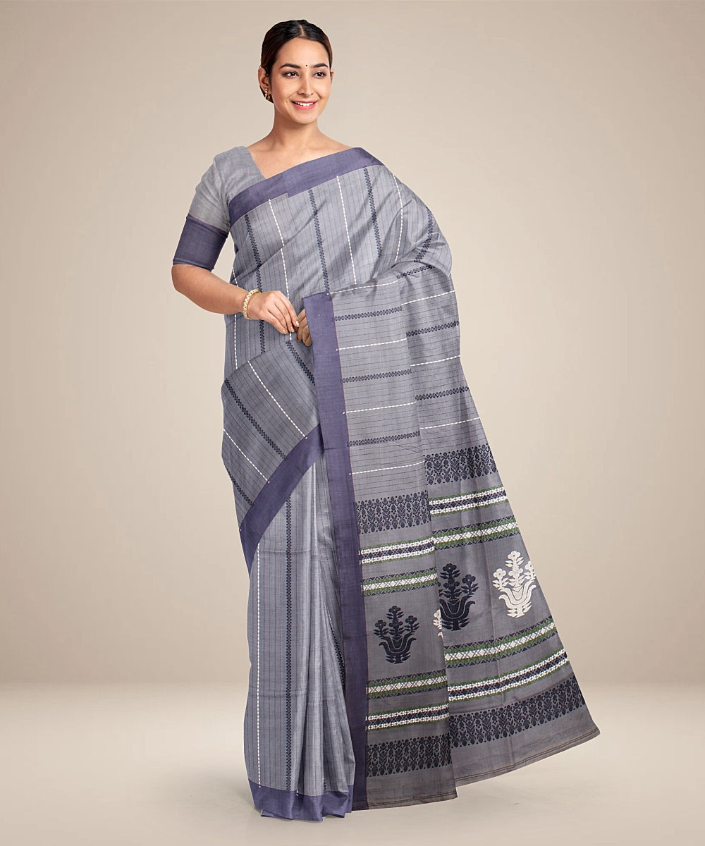 Grey blue striped bengal cotton handloom saree