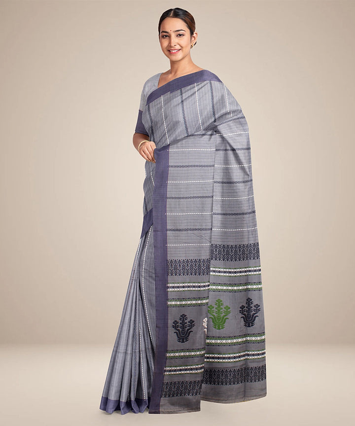 Grey blue striped bengal cotton handloom saree