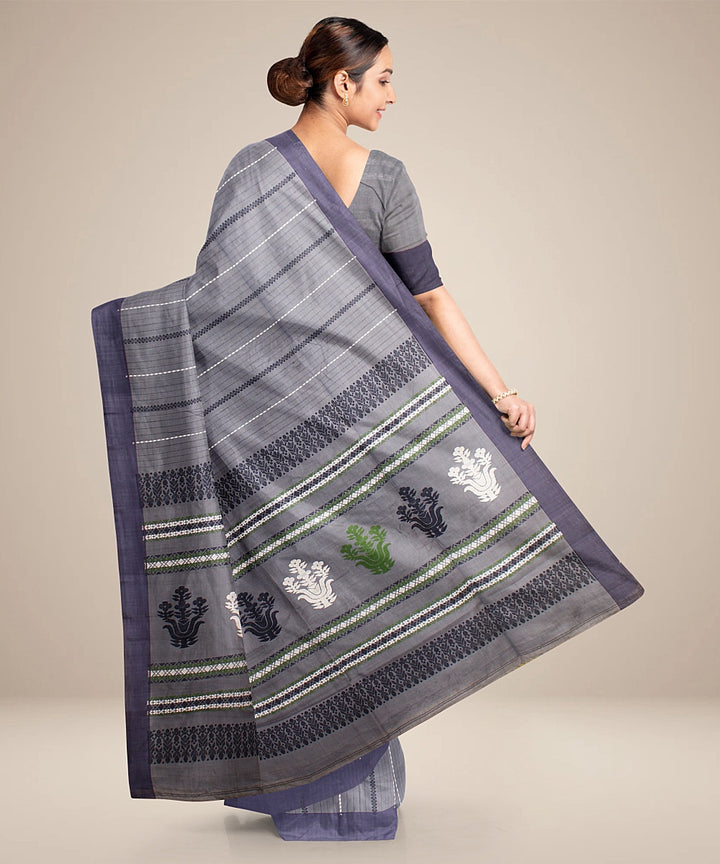 Grey blue striped bengal cotton handloom saree