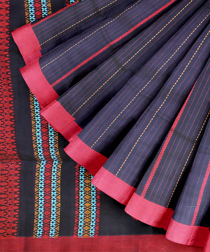 Navy blue red bengal striped cotton handloom saree