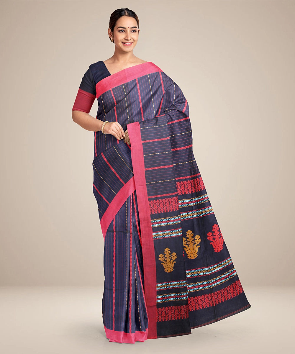 Navy blue red bengal striped cotton handloom saree