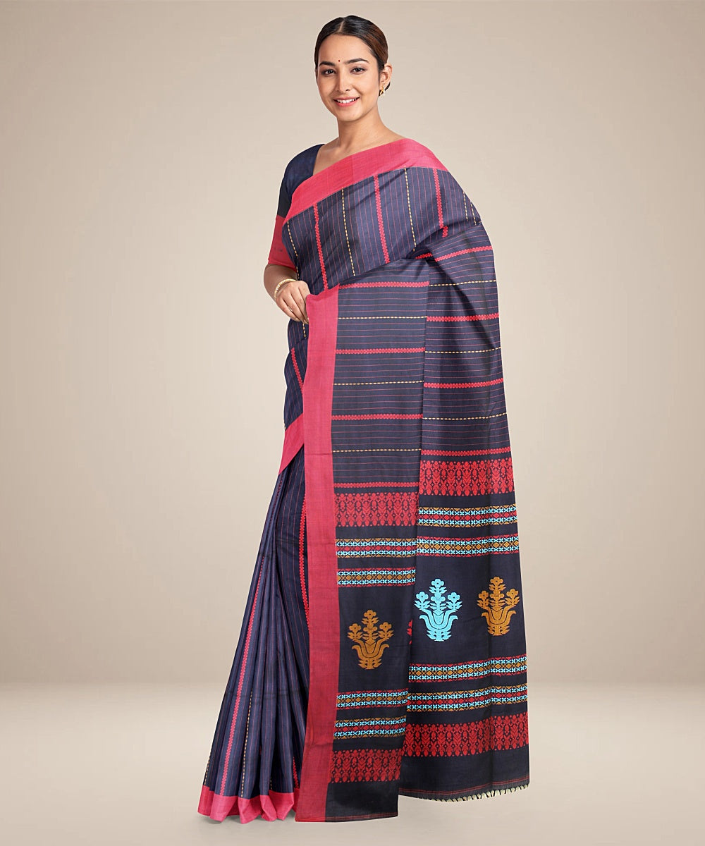 Navy blue red bengal striped cotton handloom saree