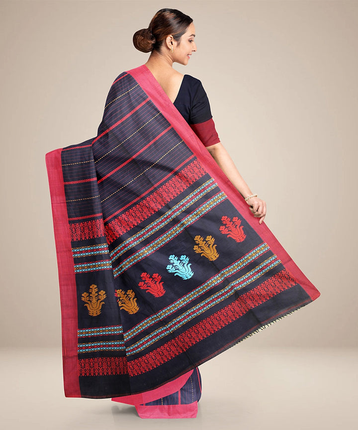 Navy blue red bengal striped cotton handloom saree