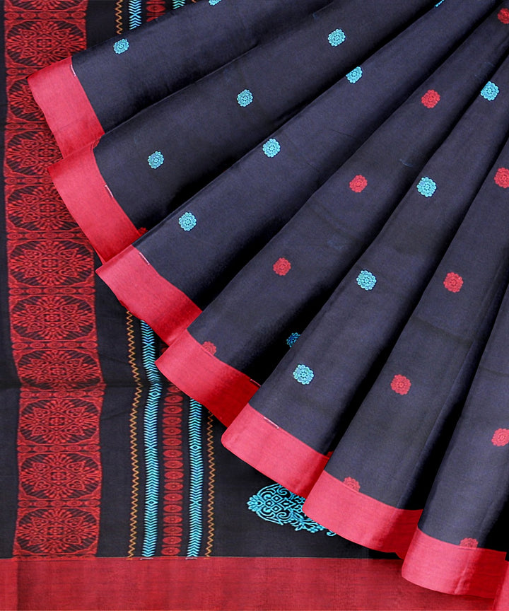 Navy blue red cotton bengal handloom saree