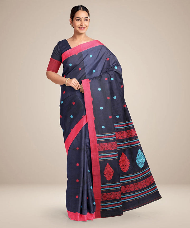 Navy blue red cotton bengal handloom saree