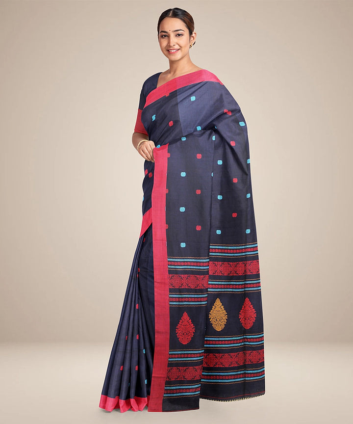 Navy blue red cotton bengal handloom saree