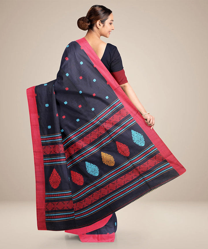 Navy blue red cotton bengal handloom saree