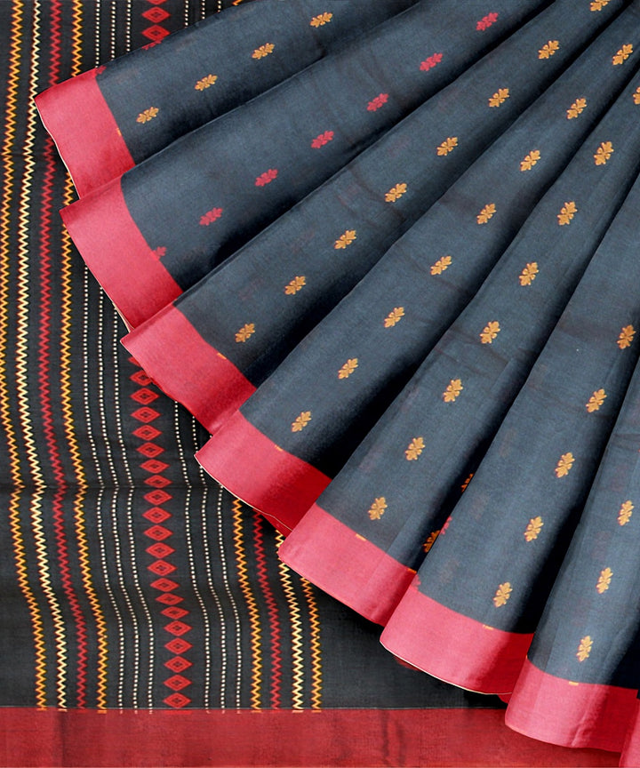 Teal blue red cotton bengal handloom saree