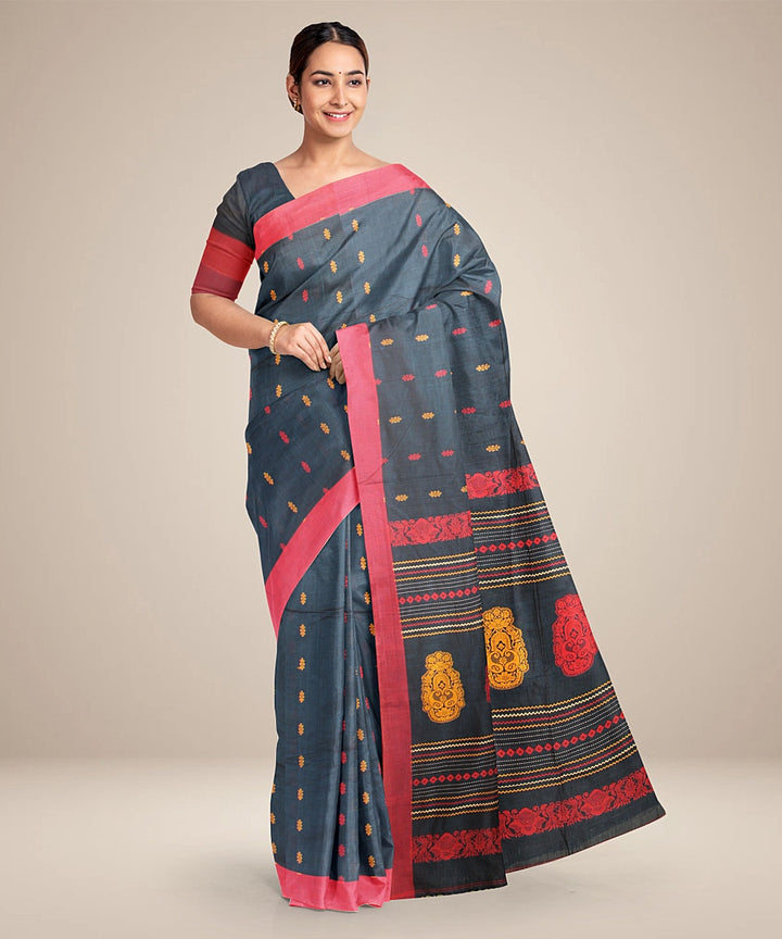 Teal blue red cotton bengal handloom saree