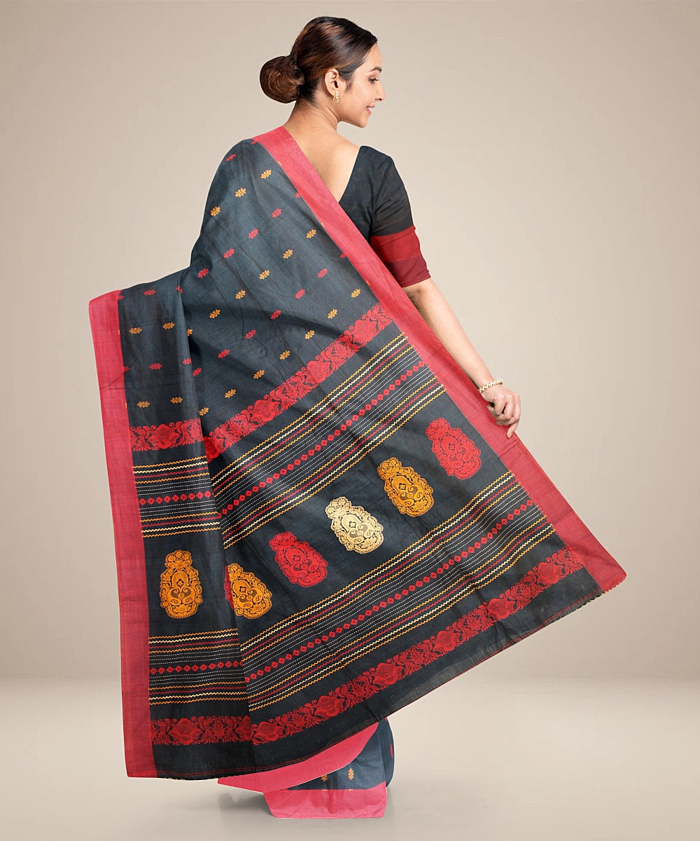 Teal blue red cotton bengal handloom saree