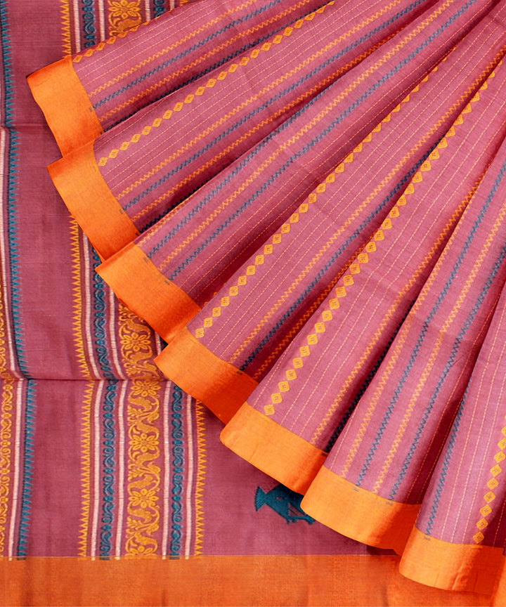 Peach orange striped bengal cotton handloom saree