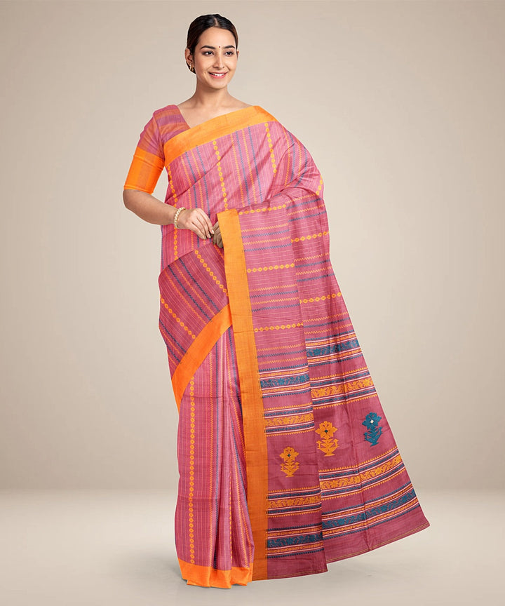 Peach orange striped bengal cotton handloom saree