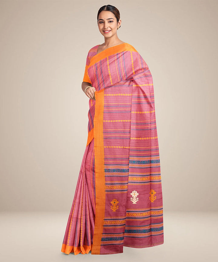 Peach orange striped bengal cotton handloom saree