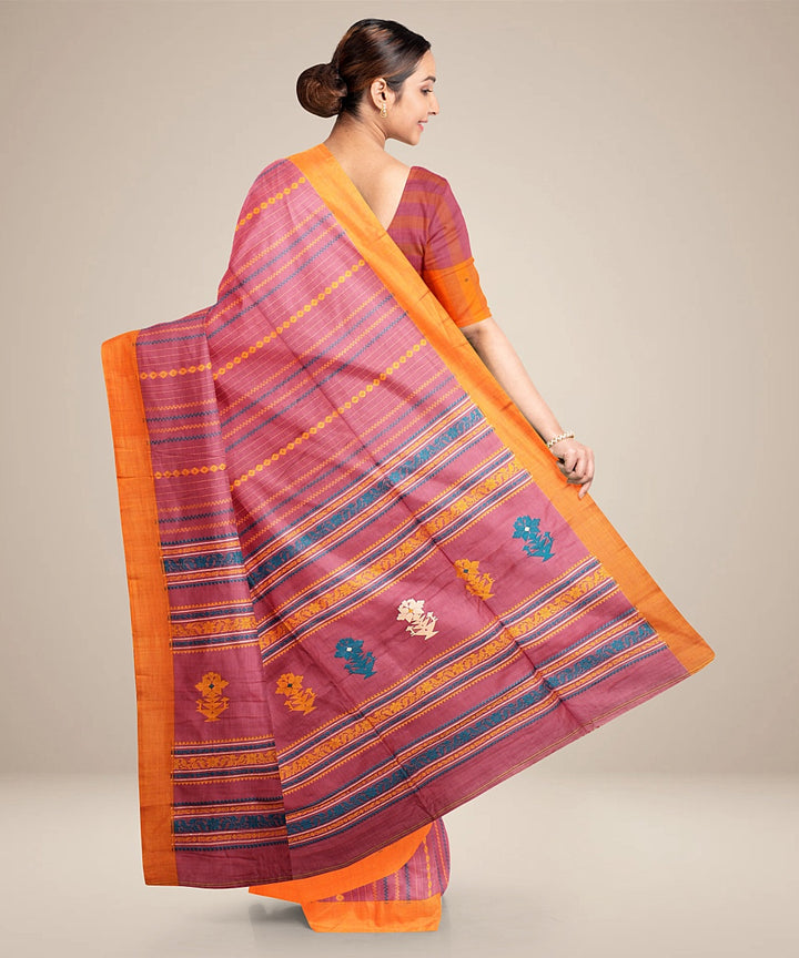 Peach orange striped bengal cotton handloom saree