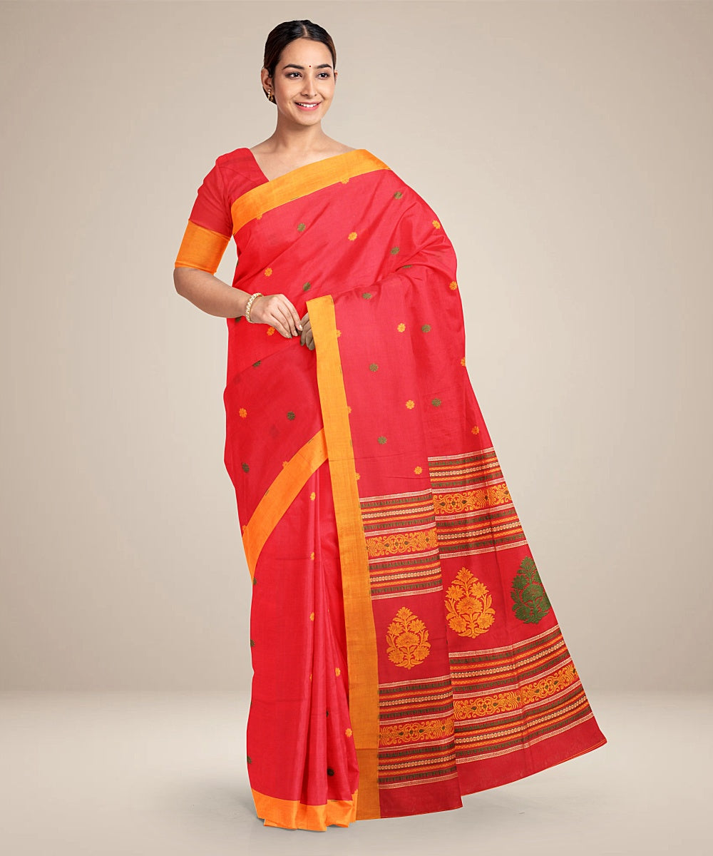 Red yellow bengal cotton handloom saree