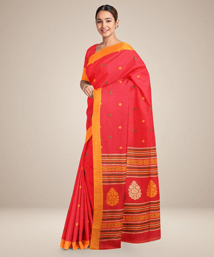 Red yellow bengal cotton handloom saree