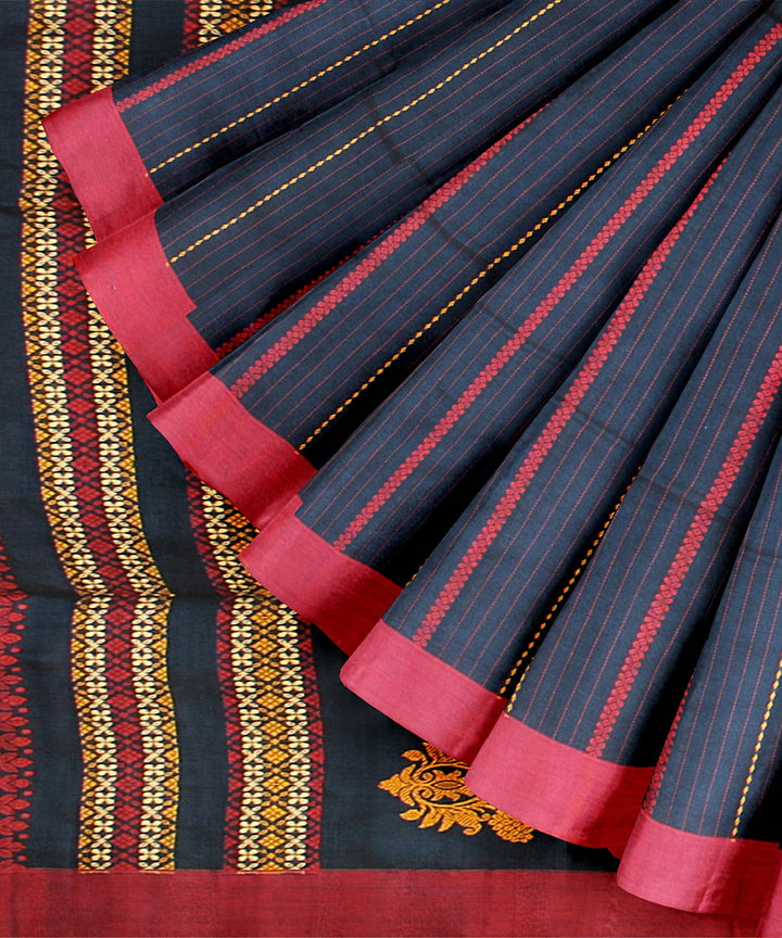 Teal blue red striped cotton bengal handloom saree