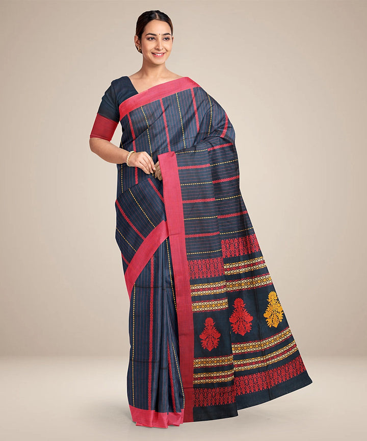 Teal blue red striped cotton bengal handloom saree