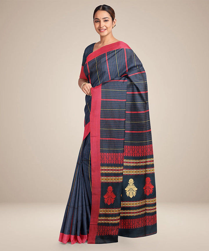 Teal blue red striped cotton bengal handloom saree