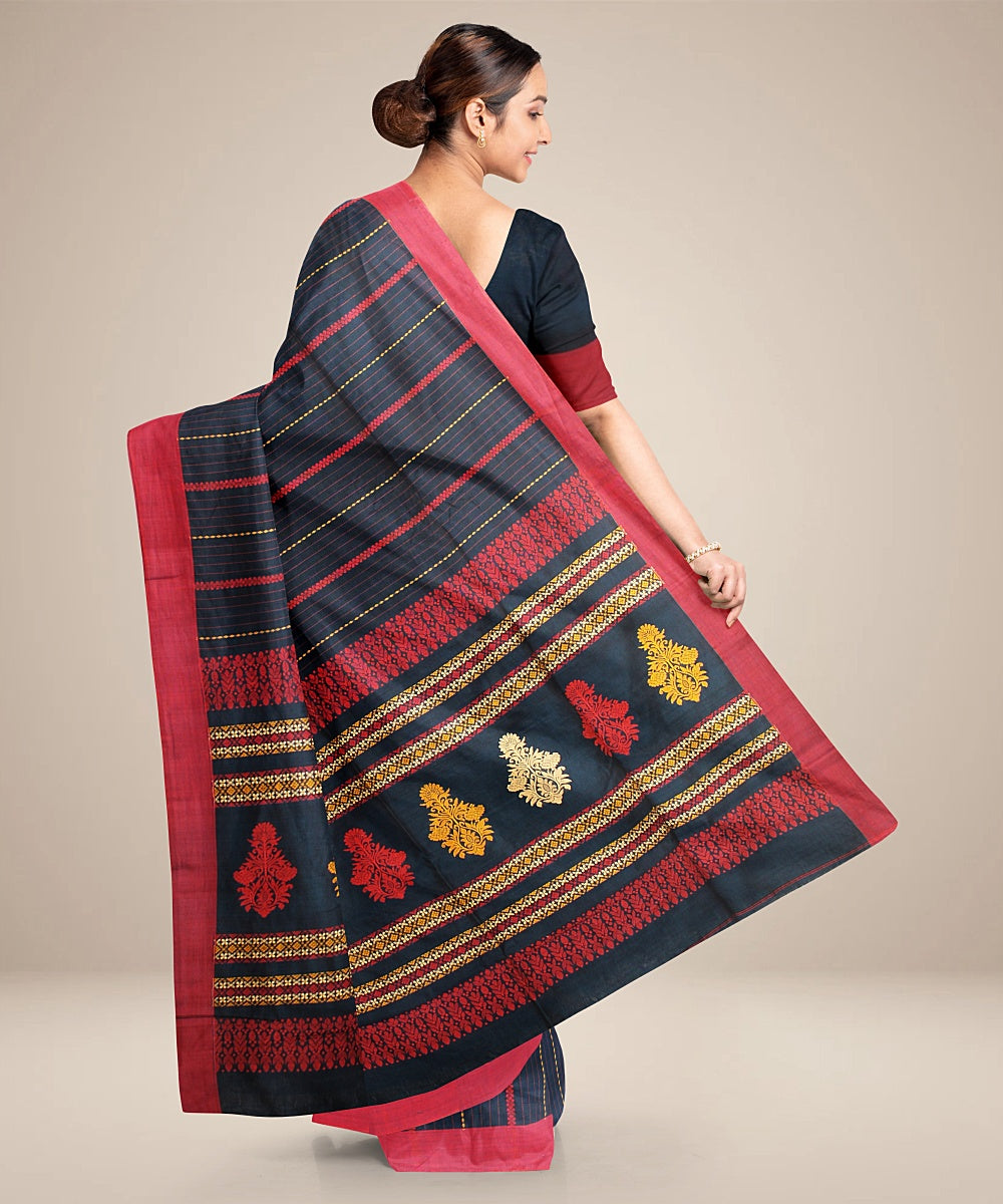 Teal blue red striped cotton bengal handloom saree