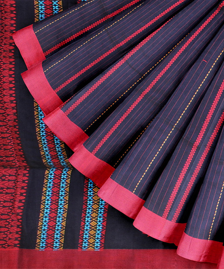 Navy blue red bengal cotton handloom saree