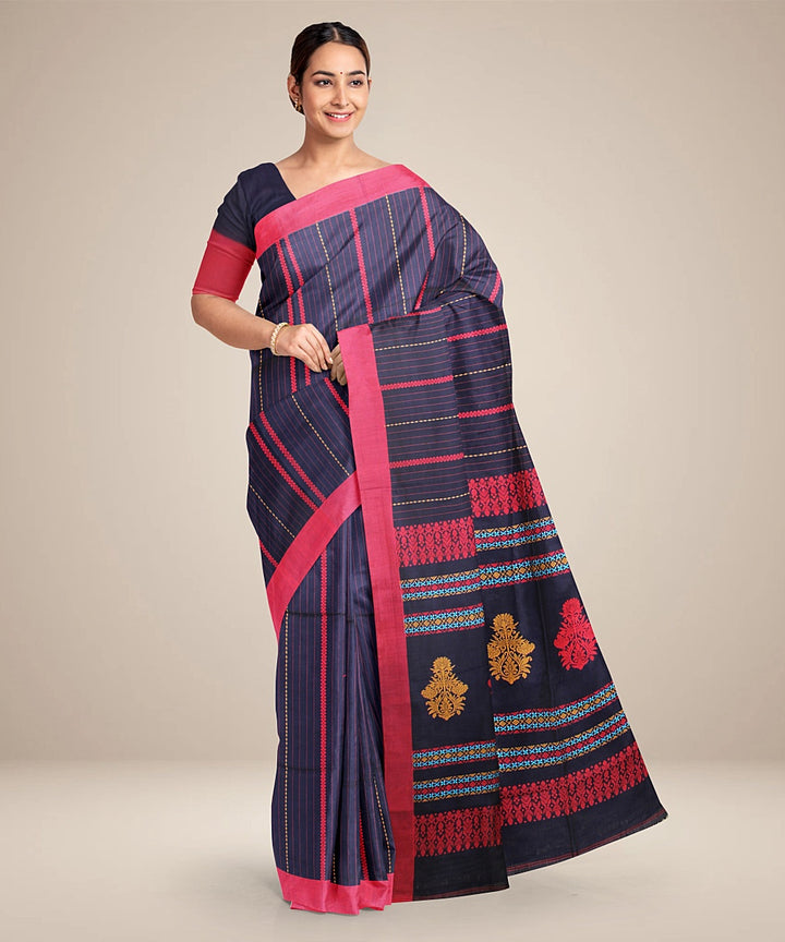 Navy blue red bengal cotton handloom saree