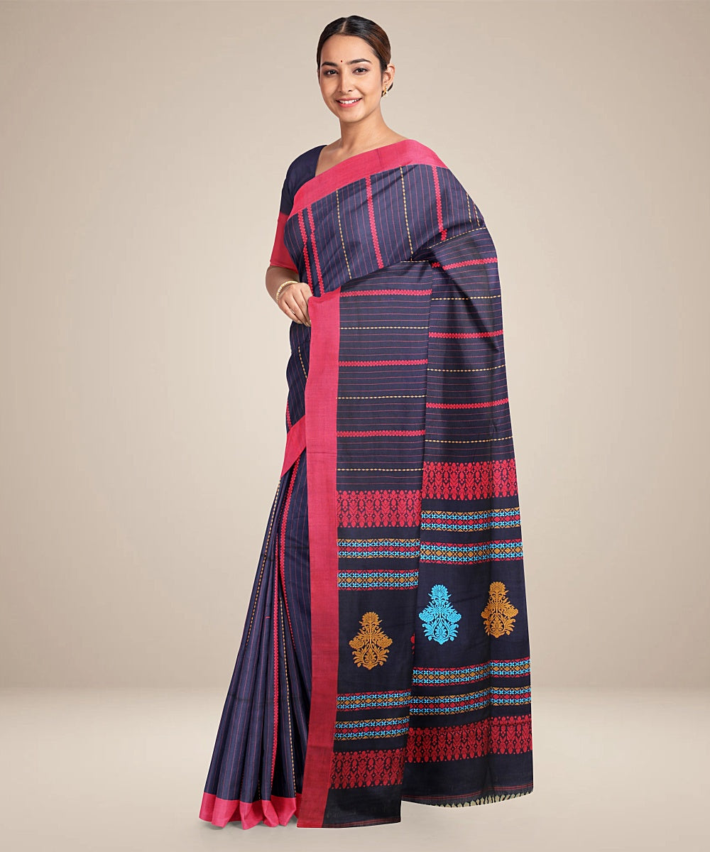 Navy blue red bengal cotton handloom saree