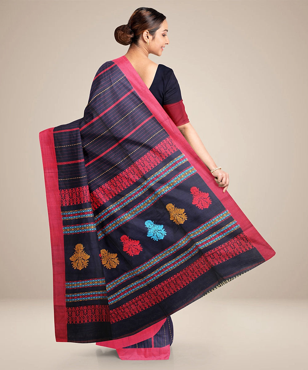 Navy blue red bengal cotton handloom saree