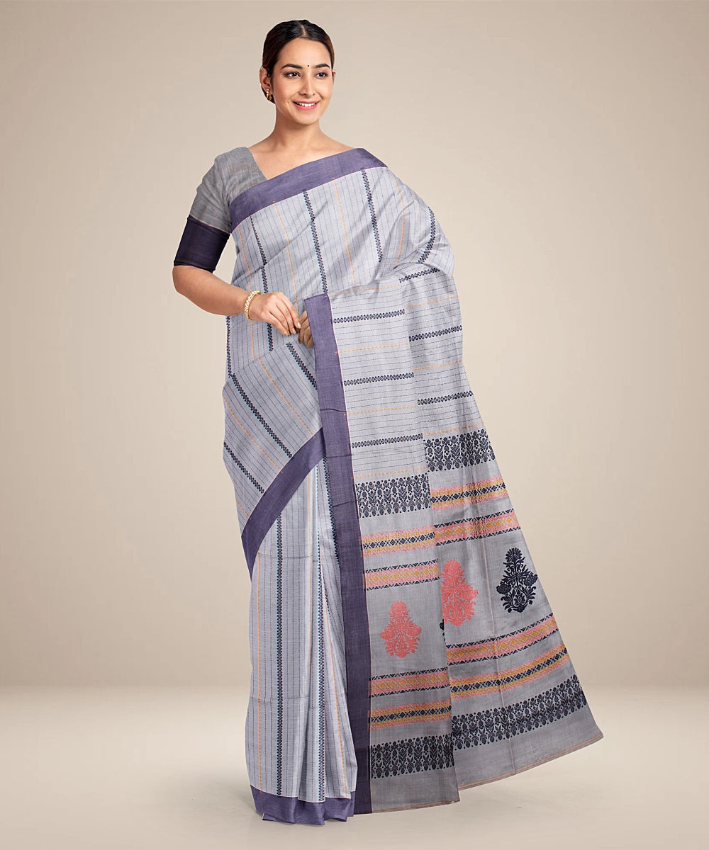 Grey blue bengal cotton handloom saree