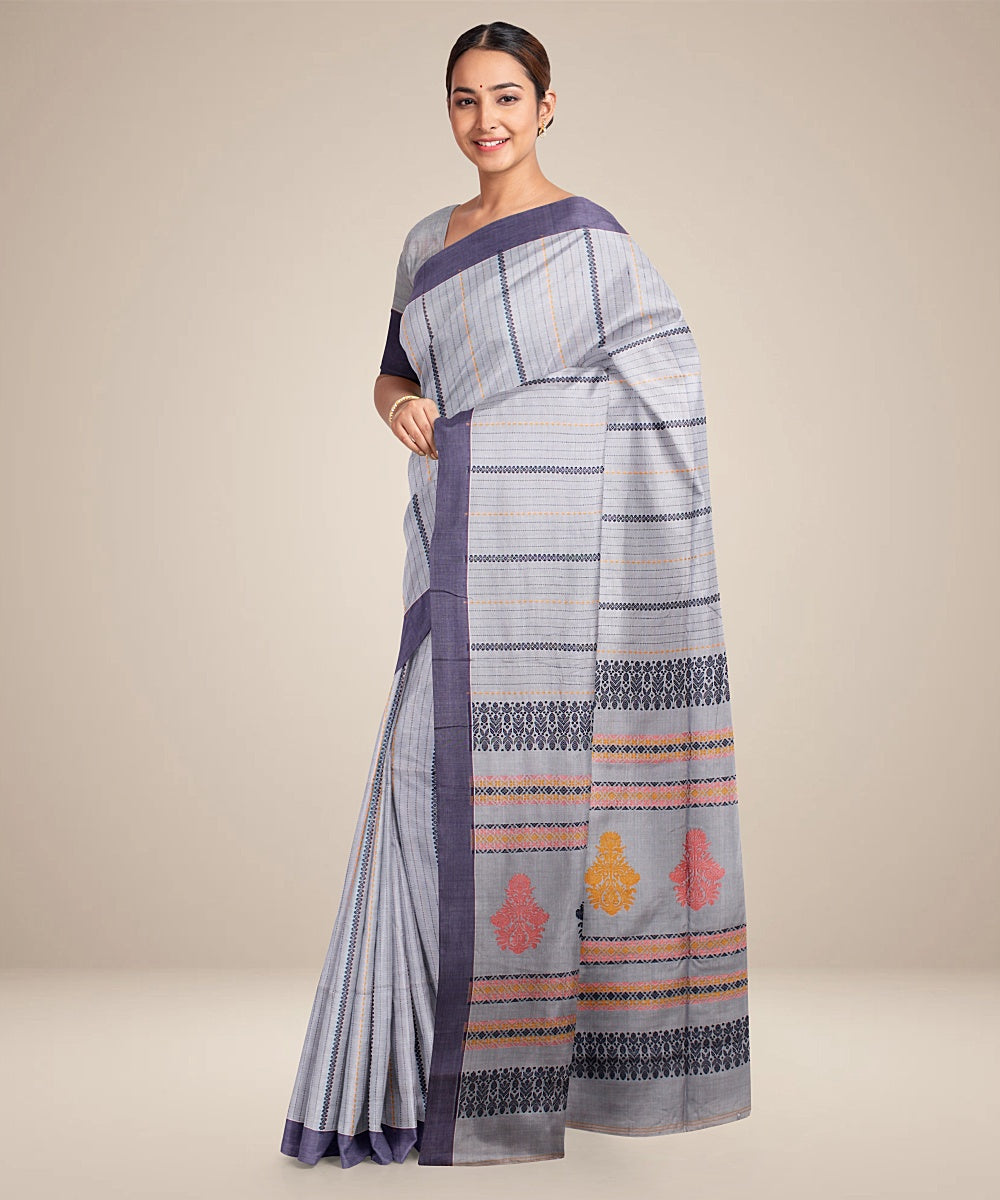 Grey blue bengal cotton handloom saree