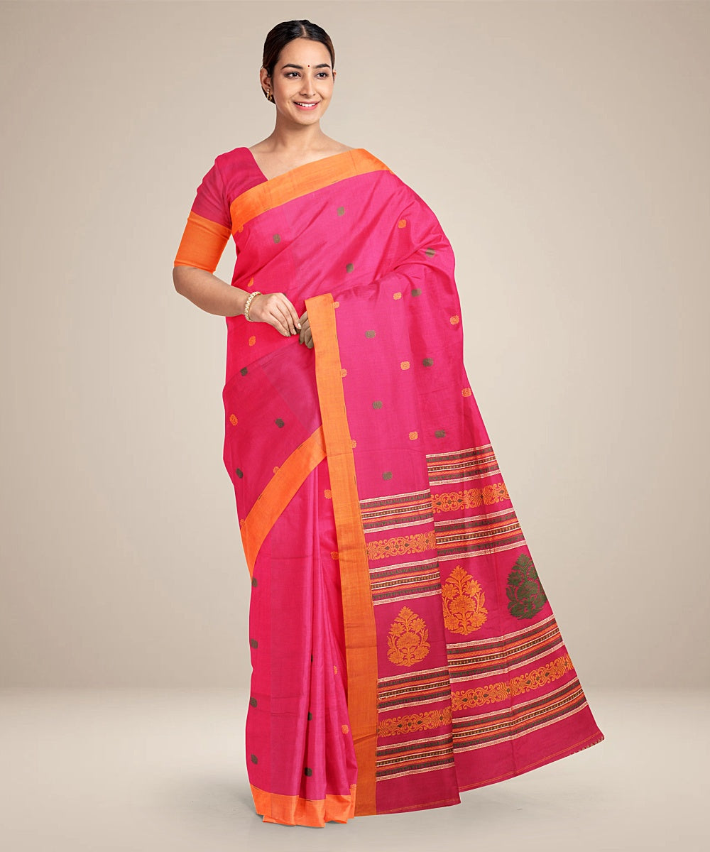 Magenta orange bengal cotton handloom saree