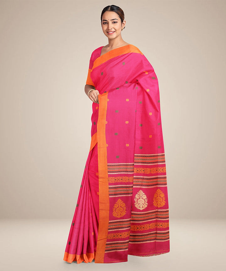 Magenta orange bengal cotton handloom saree