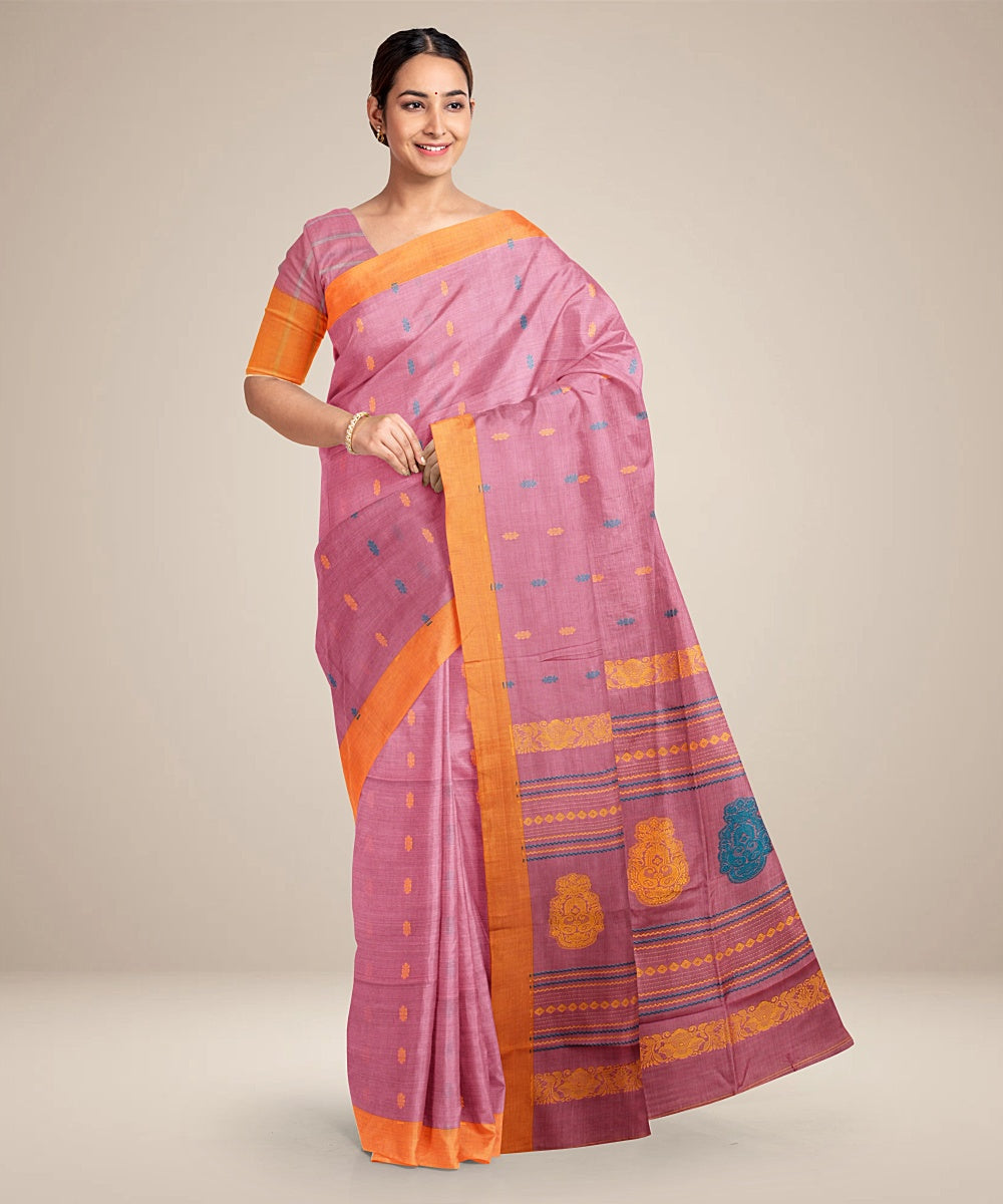 Peach orange bengal cotton handloom saree