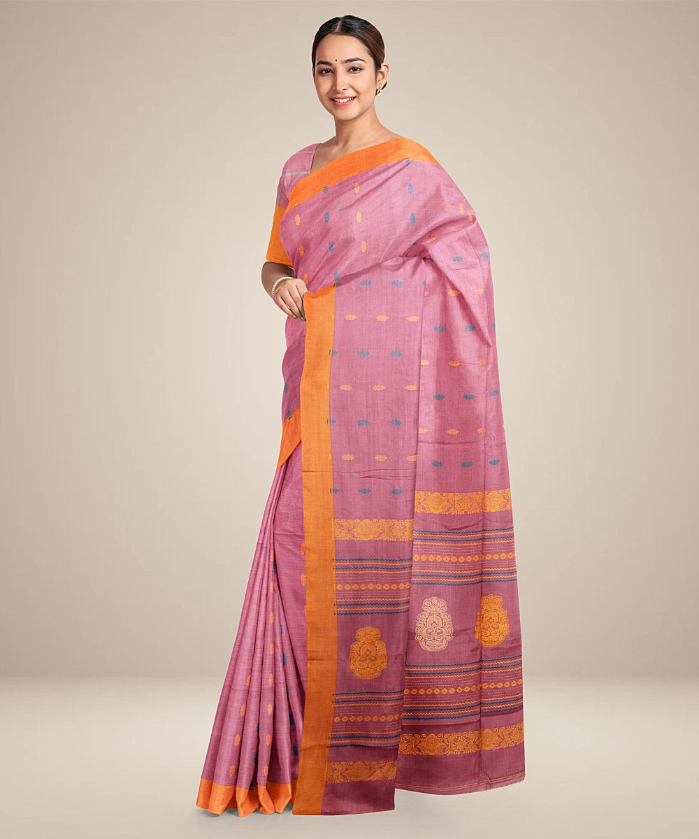 Peach orange bengal cotton handloom saree