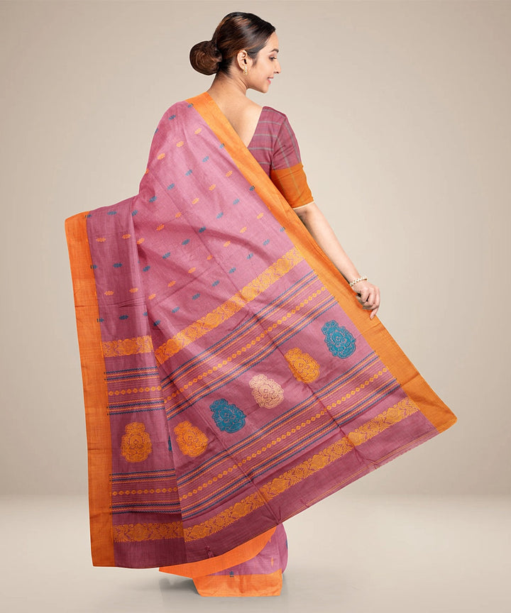 Peach orange bengal cotton handloom saree